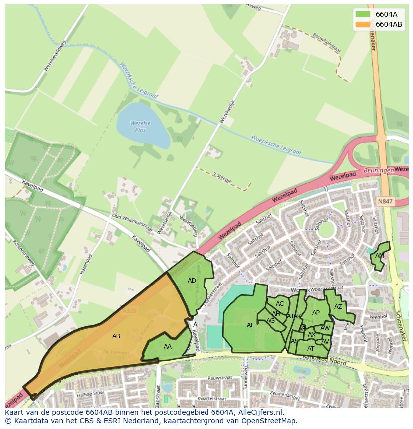 Afbeelding van het postcodegebied 6604 AB op de kaart.