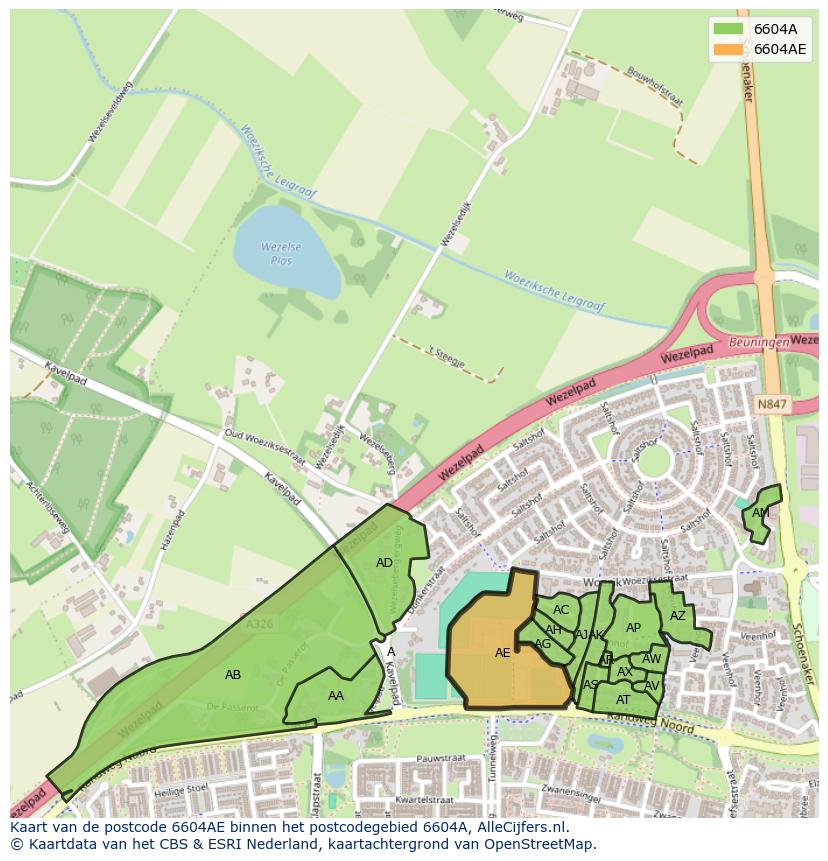 Afbeelding van het postcodegebied 6604 AE op de kaart.