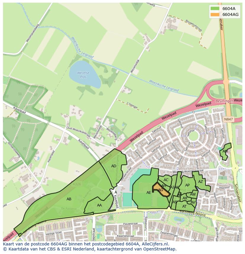 Afbeelding van het postcodegebied 6604 AG op de kaart.
