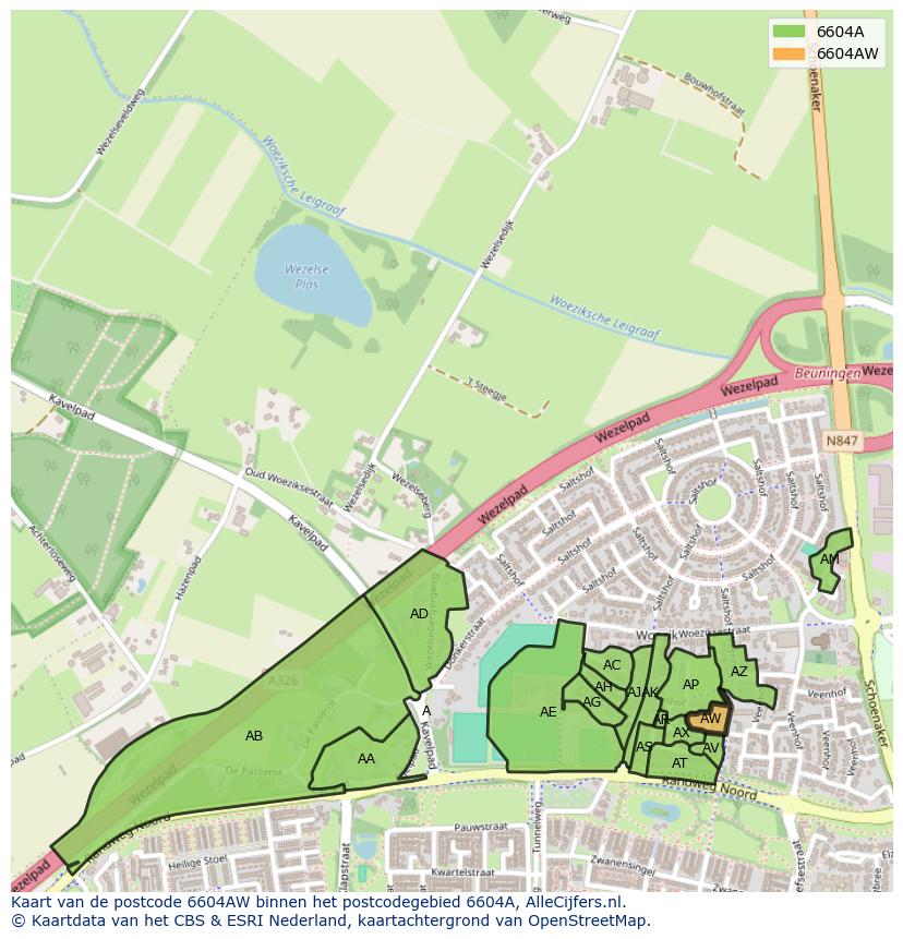 Afbeelding van het postcodegebied 6604 AW op de kaart.