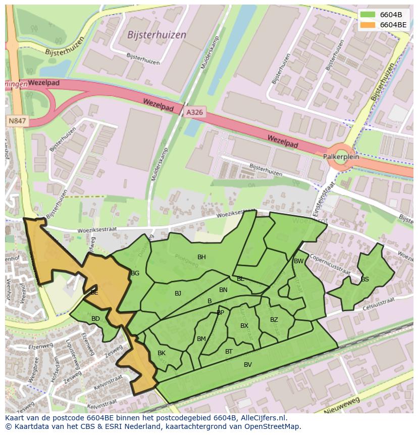 Afbeelding van het postcodegebied 6604 BE op de kaart.