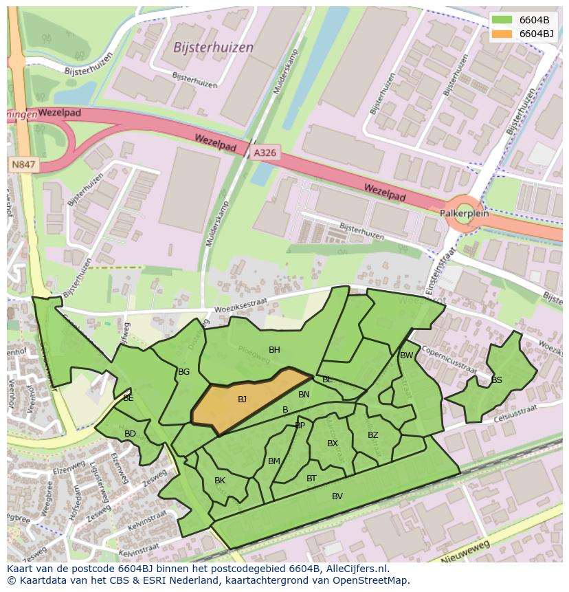 Afbeelding van het postcodegebied 6604 BJ op de kaart.