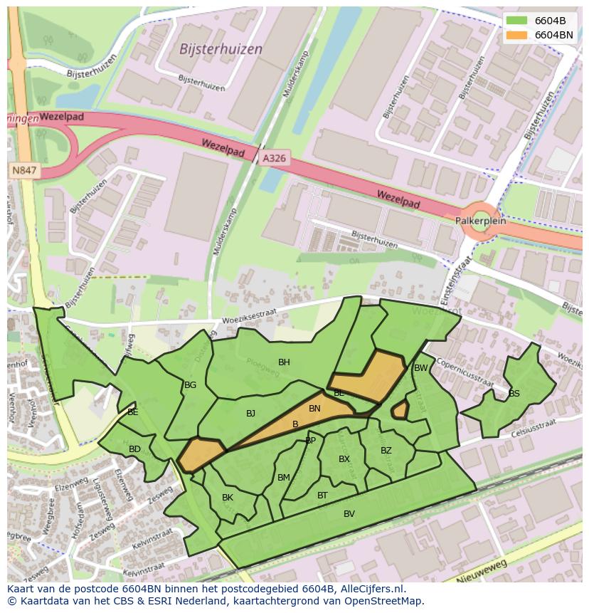 Afbeelding van het postcodegebied 6604 BN op de kaart.