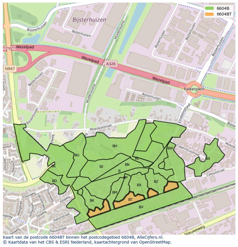 Afbeelding van het postcodegebied 6604 BT op de kaart.