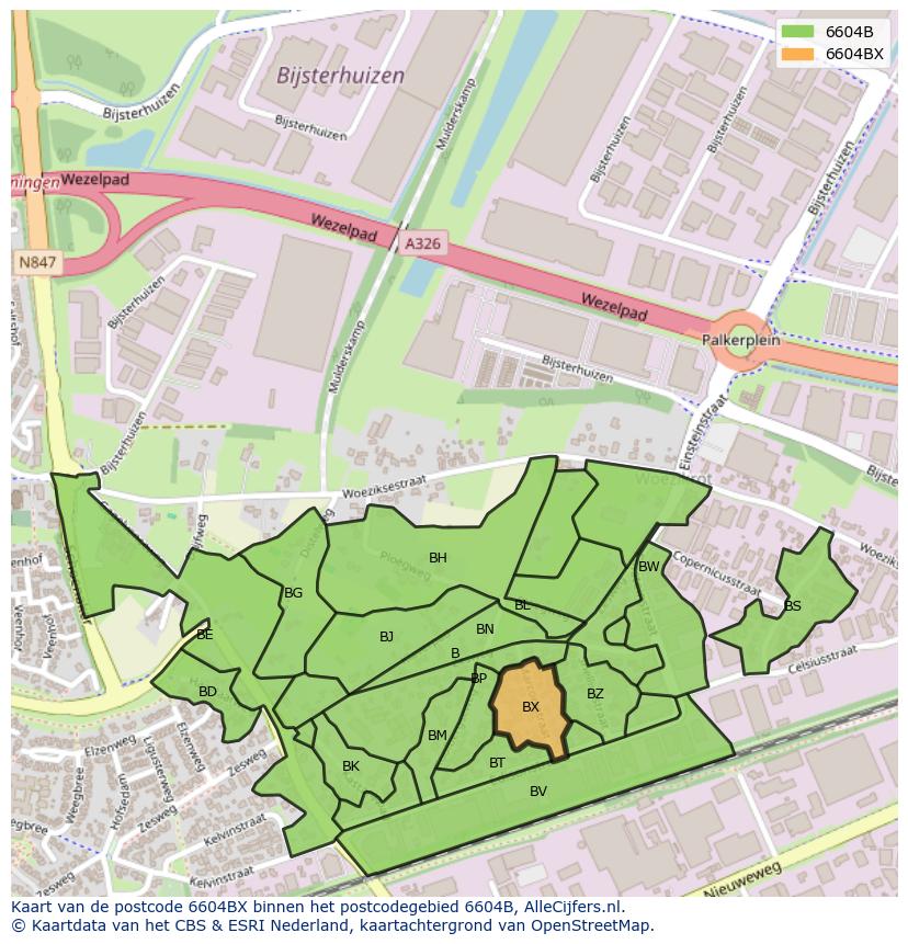 Afbeelding van het postcodegebied 6604 BX op de kaart.