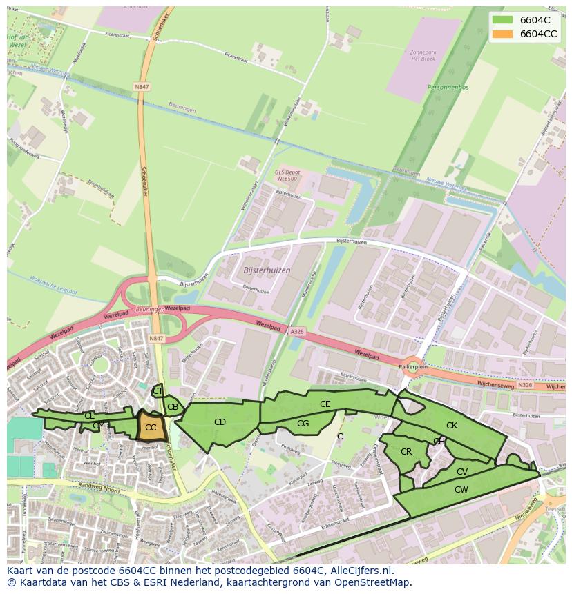 Afbeelding van het postcodegebied 6604 CC op de kaart.