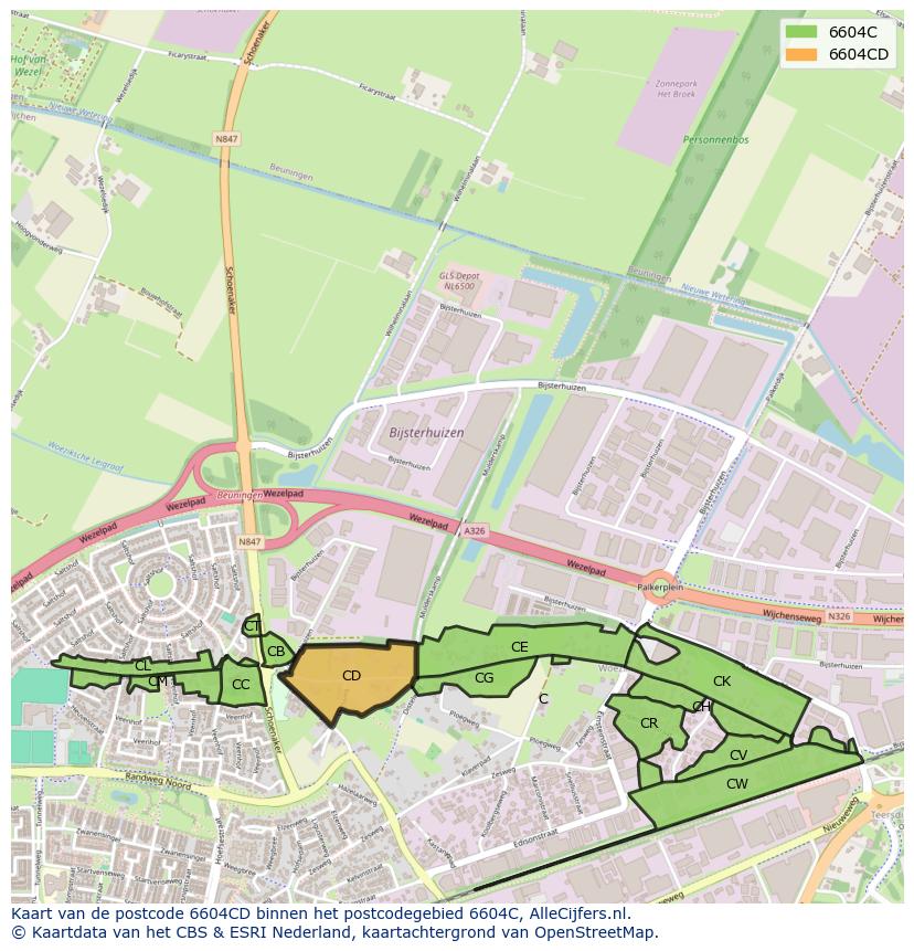 Afbeelding van het postcodegebied 6604 CD op de kaart.