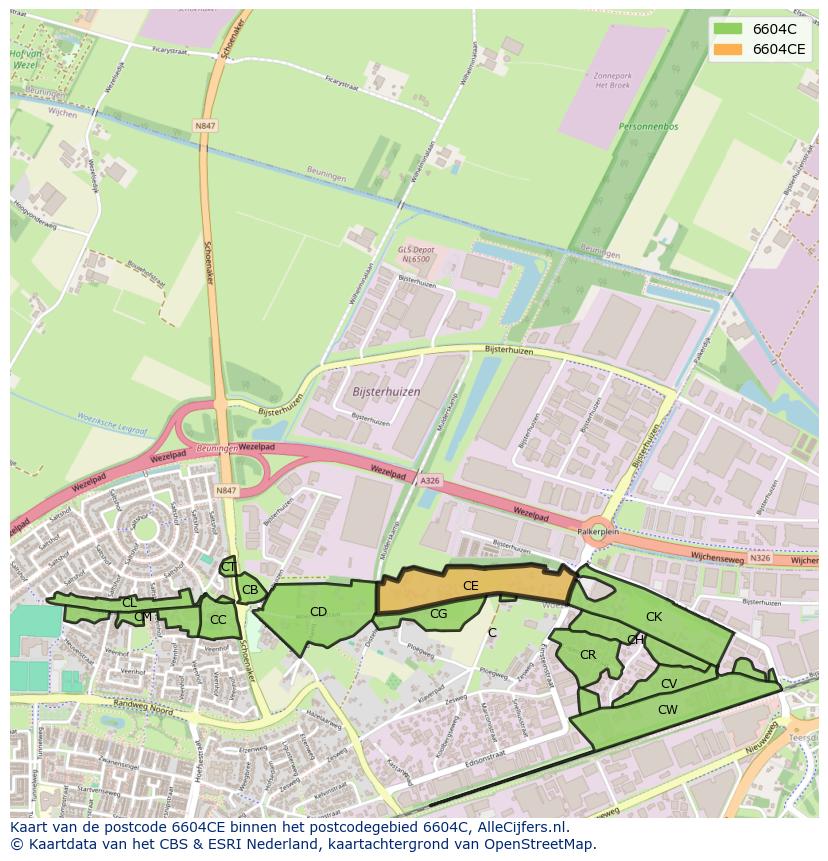 Afbeelding van het postcodegebied 6604 CE op de kaart.