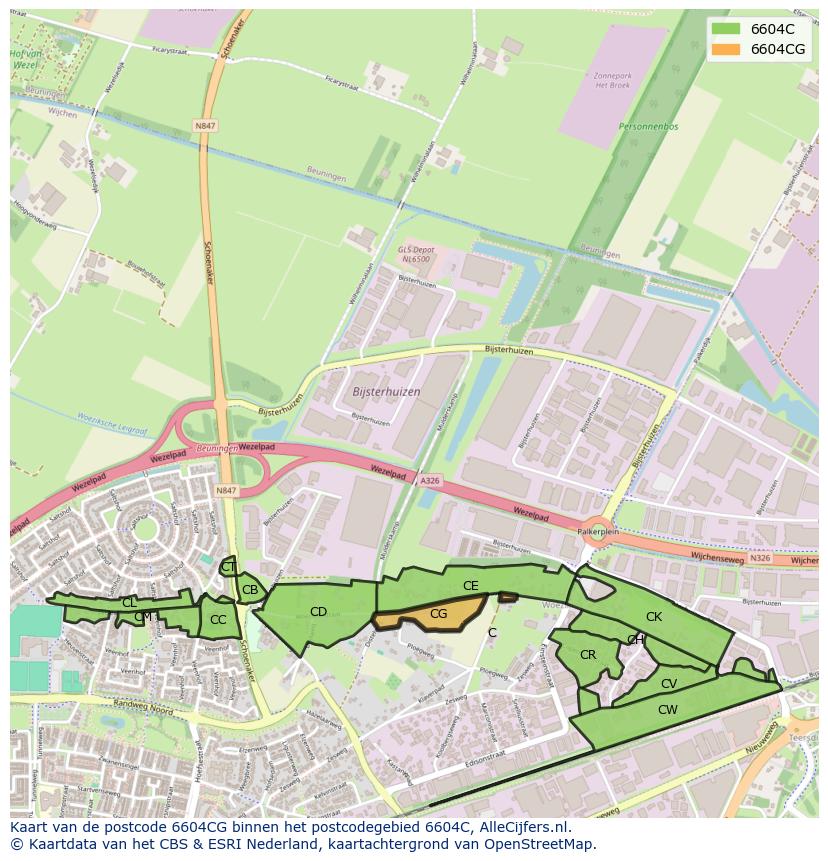 Afbeelding van het postcodegebied 6604 CG op de kaart.