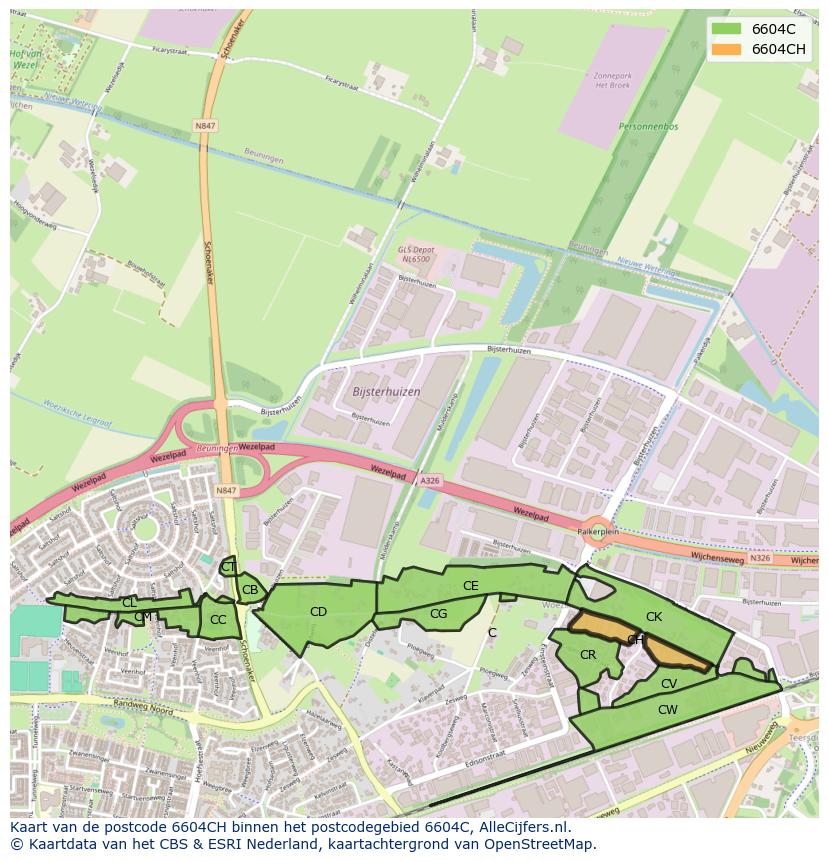 Afbeelding van het postcodegebied 6604 CH op de kaart.