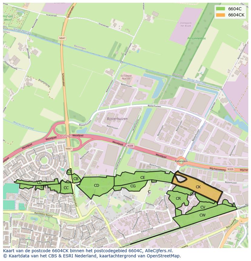 Afbeelding van het postcodegebied 6604 CK op de kaart.