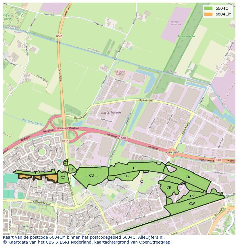 Afbeelding van het postcodegebied 6604 CM op de kaart.
