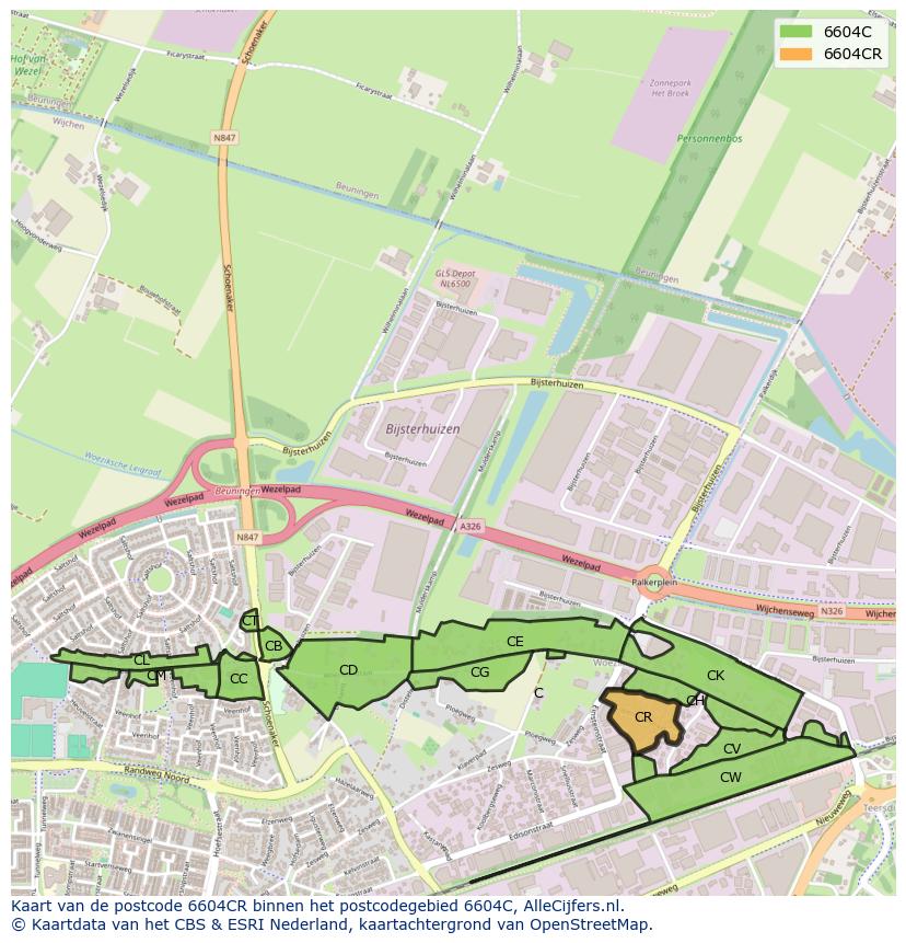 Afbeelding van het postcodegebied 6604 CR op de kaart.
