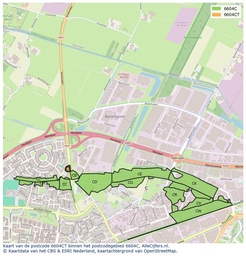 Afbeelding van het postcodegebied 6604 CT op de kaart.