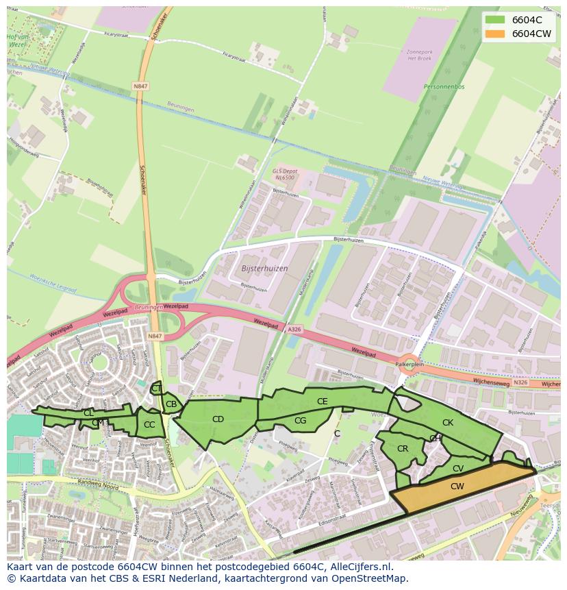 Afbeelding van het postcodegebied 6604 CW op de kaart.
