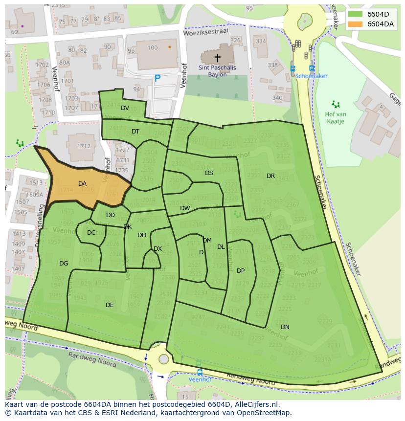 Afbeelding van het postcodegebied 6604 DA op de kaart.