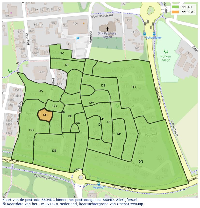Afbeelding van het postcodegebied 6604 DC op de kaart.