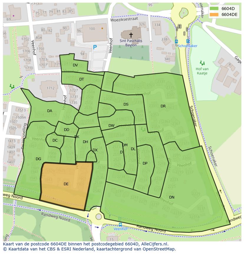 Afbeelding van het postcodegebied 6604 DE op de kaart.