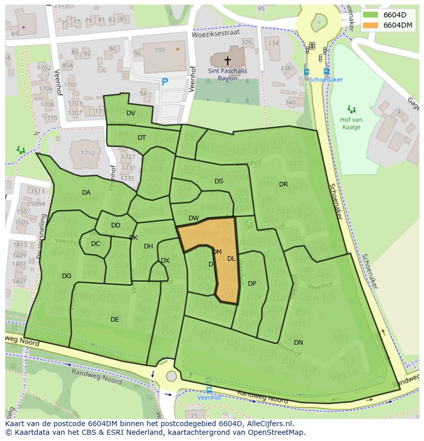 Afbeelding van het postcodegebied 6604 DM op de kaart.