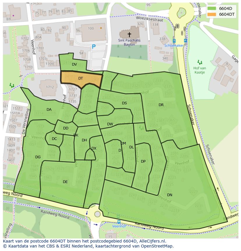 Afbeelding van het postcodegebied 6604 DT op de kaart.