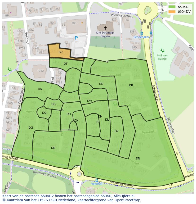 Afbeelding van het postcodegebied 6604 DV op de kaart.