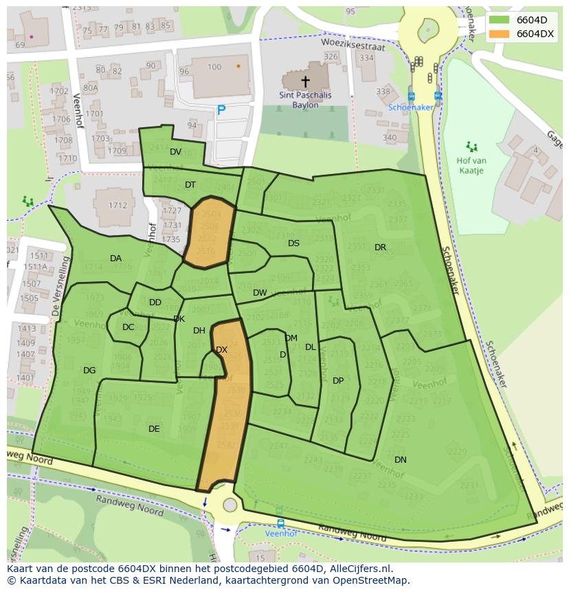 Afbeelding van het postcodegebied 6604 DX op de kaart.