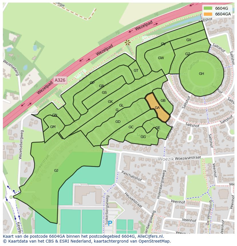 Afbeelding van het postcodegebied 6604 GA op de kaart.
