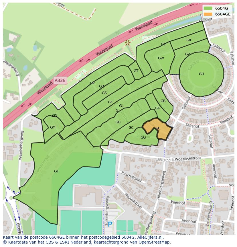Afbeelding van het postcodegebied 6604 GE op de kaart.