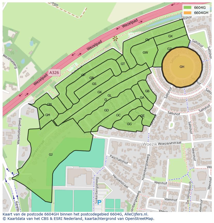 Afbeelding van het postcodegebied 6604 GH op de kaart.