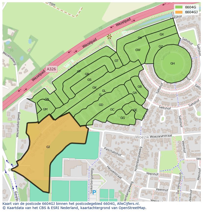 Afbeelding van het postcodegebied 6604 GJ op de kaart.