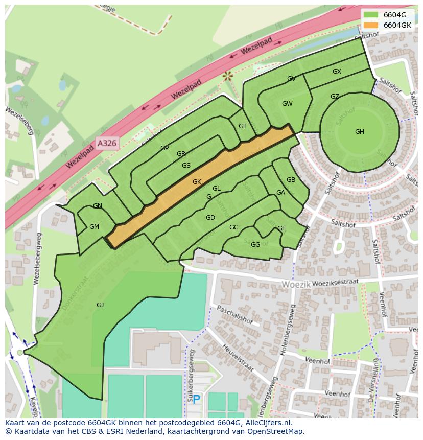 Afbeelding van het postcodegebied 6604 GK op de kaart.