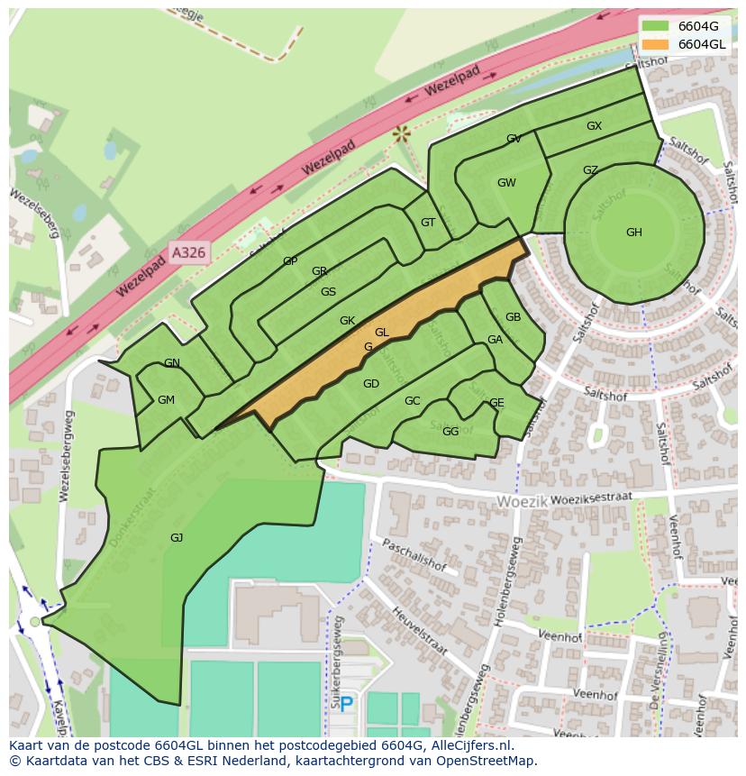 Afbeelding van het postcodegebied 6604 GL op de kaart.