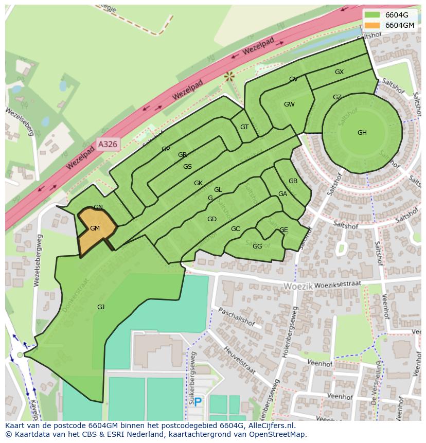 Afbeelding van het postcodegebied 6604 GM op de kaart.