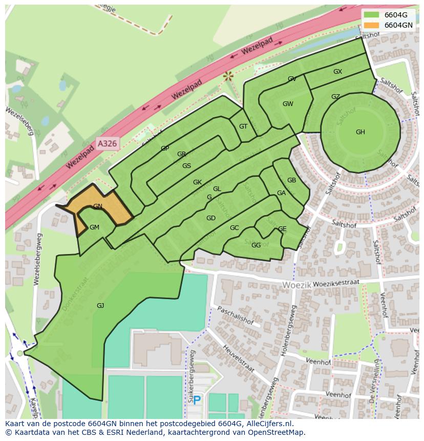 Afbeelding van het postcodegebied 6604 GN op de kaart.