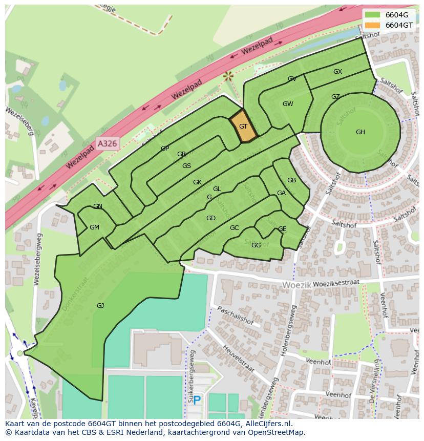 Afbeelding van het postcodegebied 6604 GT op de kaart.