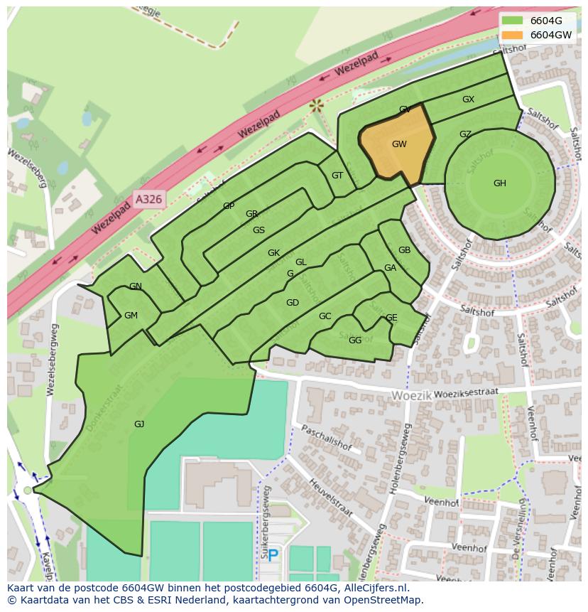Afbeelding van het postcodegebied 6604 GW op de kaart.