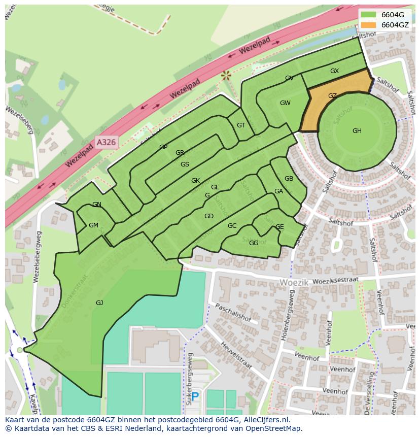 Afbeelding van het postcodegebied 6604 GZ op de kaart.