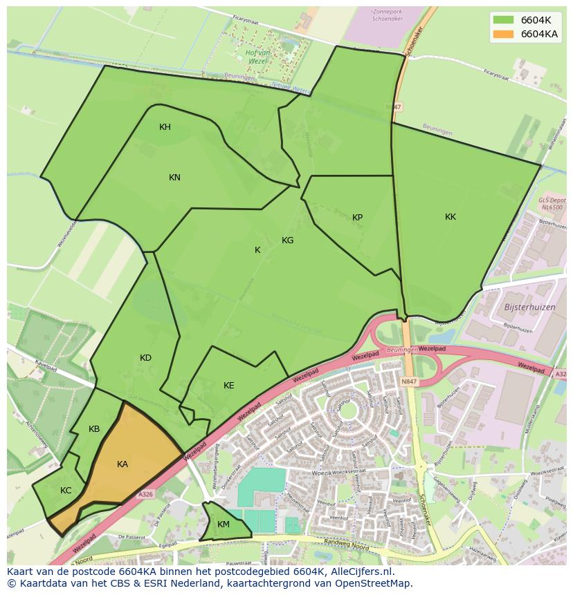 Afbeelding van het postcodegebied 6604 KA op de kaart.