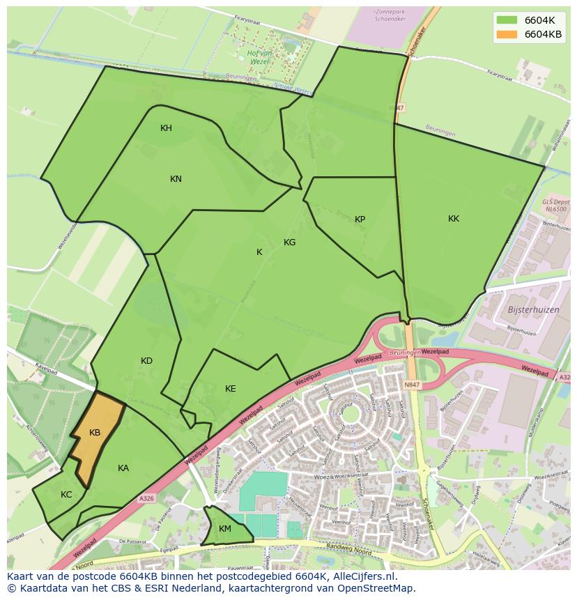 Afbeelding van het postcodegebied 6604 KB op de kaart.