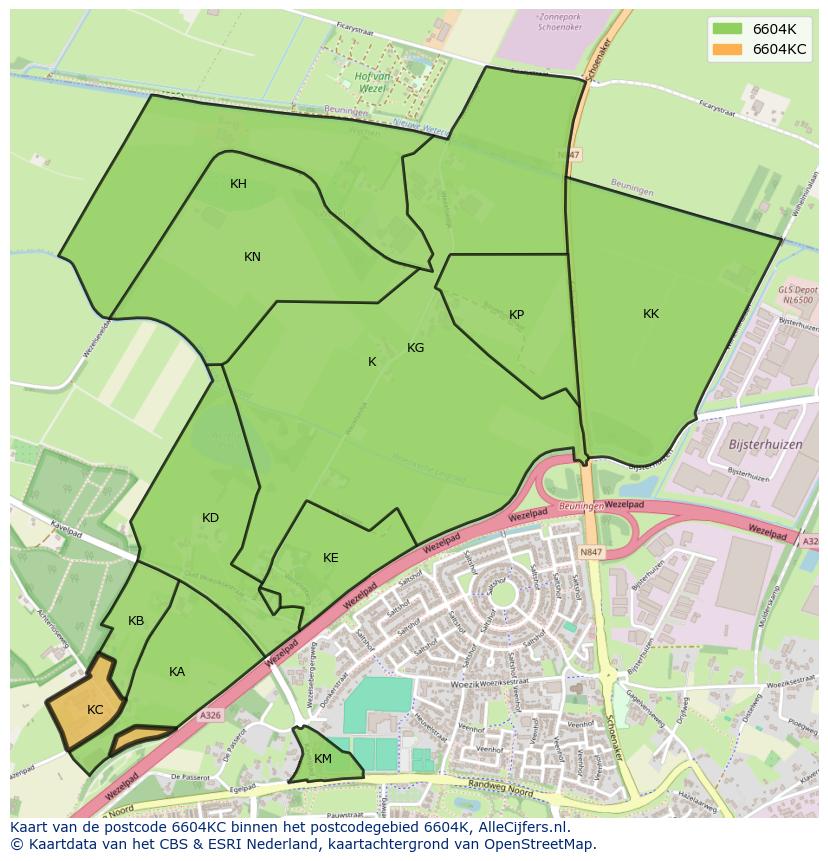 Afbeelding van het postcodegebied 6604 KC op de kaart.