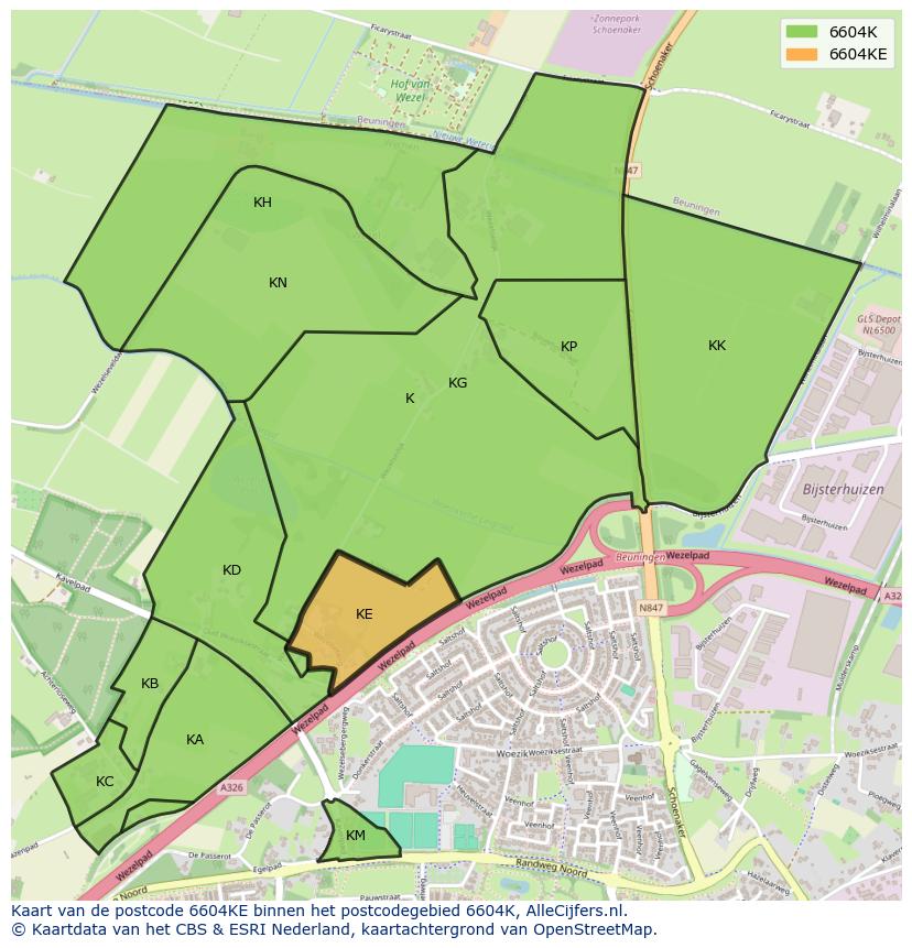 Afbeelding van het postcodegebied 6604 KE op de kaart.