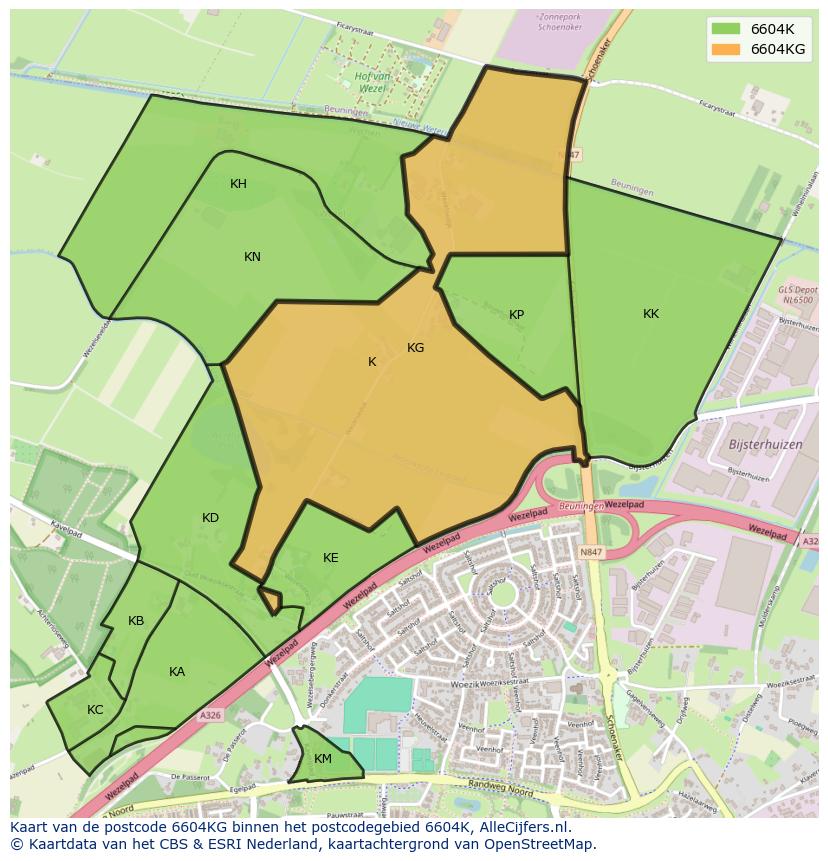 Afbeelding van het postcodegebied 6604 KG op de kaart.