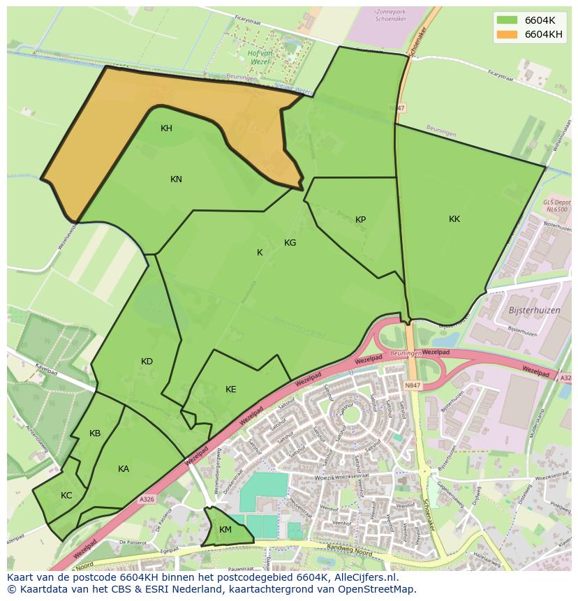 Afbeelding van het postcodegebied 6604 KH op de kaart.