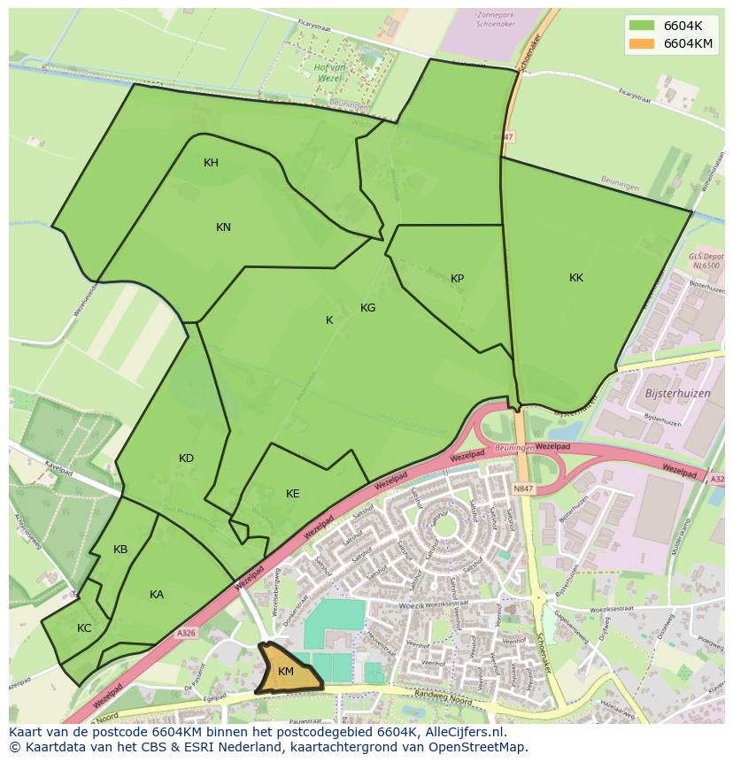 Afbeelding van het postcodegebied 6604 KM op de kaart.
