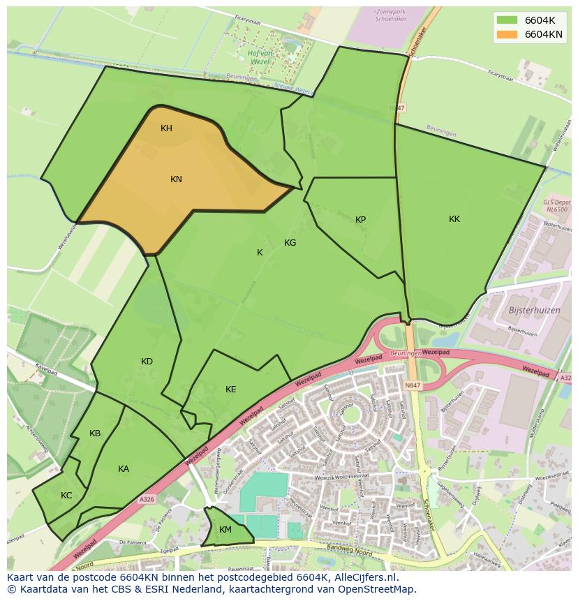 Afbeelding van het postcodegebied 6604 KN op de kaart.