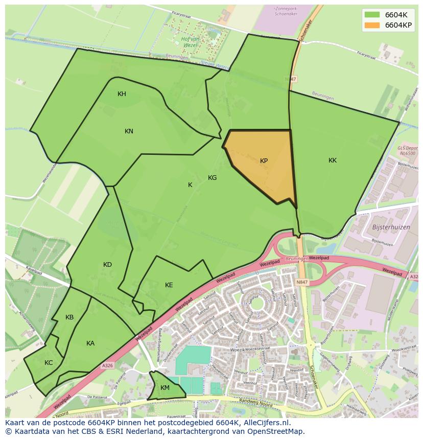 Afbeelding van het postcodegebied 6604 KP op de kaart.