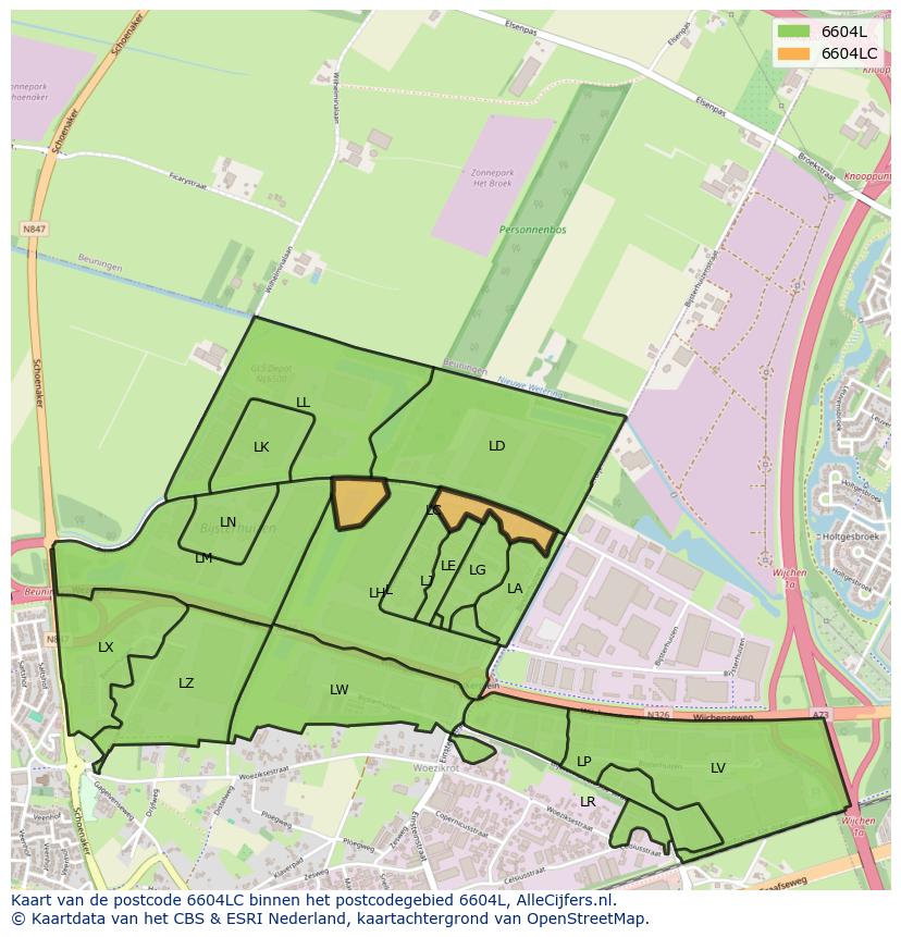 Afbeelding van het postcodegebied 6604 LC op de kaart.