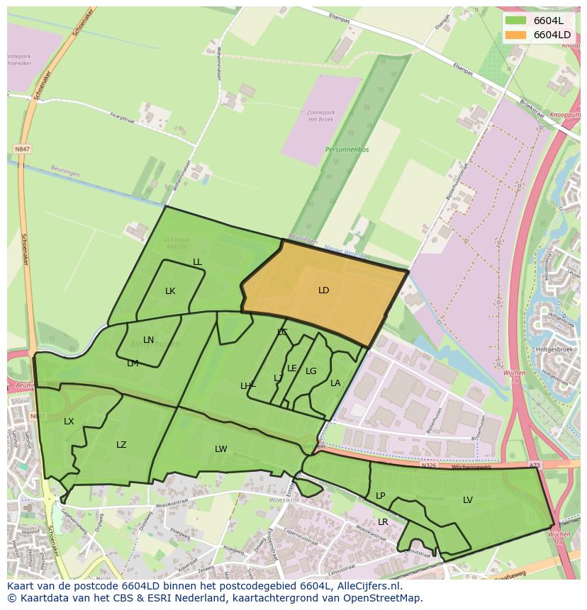 Afbeelding van het postcodegebied 6604 LD op de kaart.