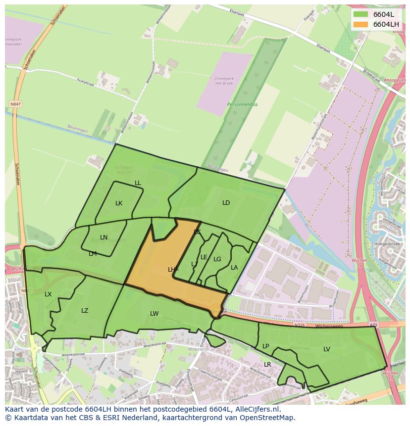 Afbeelding van het postcodegebied 6604 LH op de kaart.