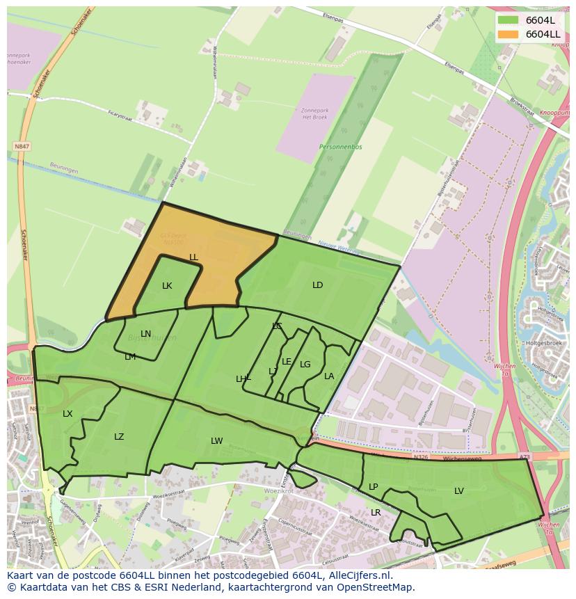 Afbeelding van het postcodegebied 6604 LL op de kaart.